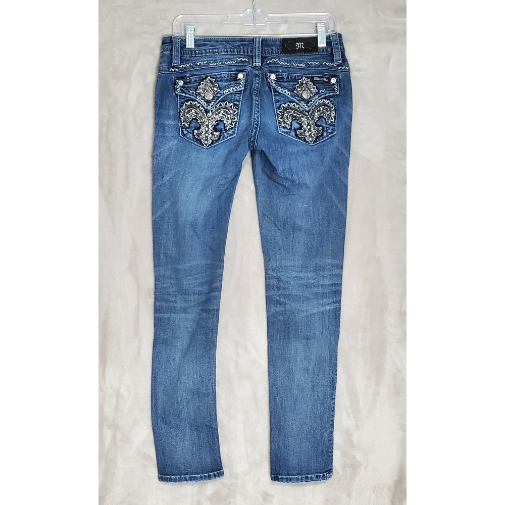 Miss Me Jeans Womens 28 Signature Skinny Embellished Fleur De Lis Blue Pockets